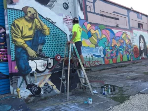 A man on a ladder painting a mural on a building with lots of murals painted on it in Houston, Texas