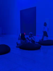 Couple sitting on a bean bag chair at an art exhibit at the Museum of Fine Arts in Houston, Texas. The room is a very blue color.