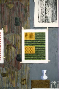 a painting made by jasper johns entitled Ventriloquist which represents two American flags, a vase on a table and some abstract art designs on the wall in the background.