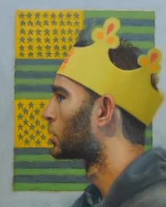 An oil painting of a man wearing a burger king crown, the portrait painting is from the shoulders up and the man is in profile facing the left as he stands in front of a jasper johns painting on display at the museum of fine arts in Houston, Texas.