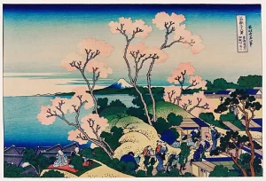 A japanese woodblock print of a tree in front of a landscape of water.
