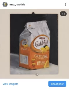 a screen shot from instrgram of the account @max_lowtide where an oil painting of a goldfish snack cracker bag is presented. 