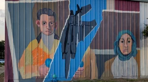 A colorful mural painted on the east side of Downtown Houston, Texas.